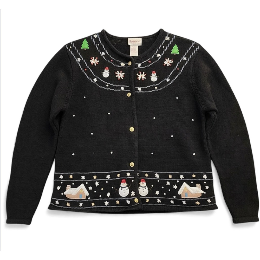 VTG Crystal Kobe CHRISTMAS SWEATER CARDIGAN Embroidered SNOWMAN TREE HOUSE sz L